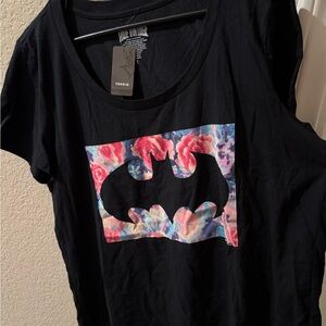 Vintage Black Graphic Tee with Colorful Design, Batman scoop neck tee